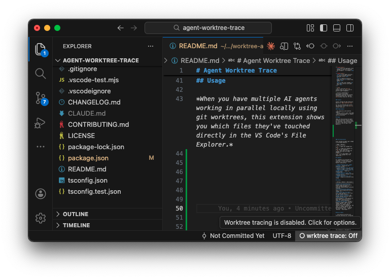 Status bar showing worktree trace status